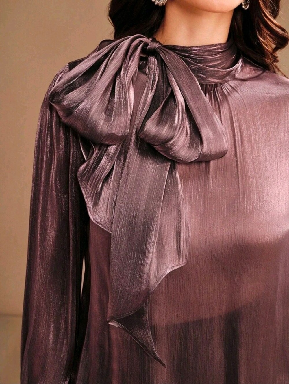 New Chic Metallic Crinkle Bow Tie Neck Top Blouse Purple - Picture 3 of 14